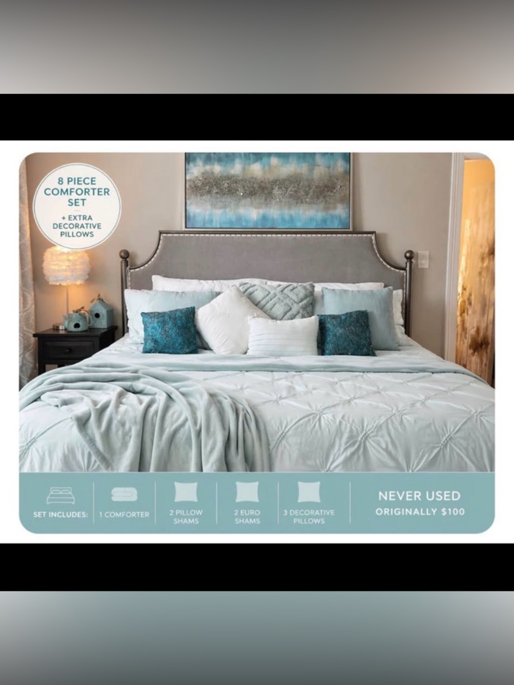 King mint Cotton Comforter Set 3pc Tuft  Minimal Luxury with accent pillows 8pc